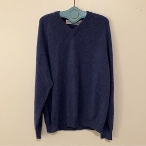 Men’s Cashmere Sweater Large Blue Heathered V Neck Classic Preppy Nautical